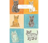 Twelve Cat Stories To Do List: A colorful and playful to do list notebook cover featuring twelve illustrated cats in different poses, each placed in a vibrant square of orange, and yellow.