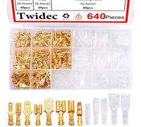 Twidec 640 piezas de conectores de pala de cable macho y hembra de empalme rápido de 2.8/4.8/6.3 mm, terminales de crimpado y conectores de bala, kit de bloque de crimpado dorado con funda aislante