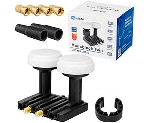 Twin Monoblock LNB 0,1dB Double LNC HB DIGITAL SET 2 participantes Direkt 2 Sat Astra 19,2° Hotbird 13° Full HD TV 3D Ultra HD 4K + 2 x arandelas de goma + 4 conectores F de 8,2 mm dorados