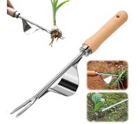 Twinice Extractor de malas hierbas de acero inoxidable, con mango de madera, longitud 30 cm, rastrillo de malas hierbas 2 en 1 y azada de jardín, para cavar, deshierbar, aflojar