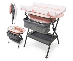 Twinly Bubbly - Bañera Cambiador Plegable para Bebé 2 en 1 - Altura Regulable Ergonómica, Bañera Extraíble para Playa y Viajes, Soporte Estable con Desagüe, Ideal para Baños Pequeños (Rosa)
