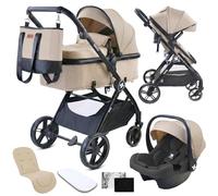 Twinly Carrito de Bebe 3 en 1 - Carro Bebe 3 Piezas Convertible con Grupo 0 (i-Size), Capazo y Silla de Paseo - FABULY - Plegable y Ligero con Bolso, Plástico Lluvia y saco - (Beige)