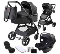 Twinly Carrito de Bebe 3 en 1 - Carro Bebe 3 Piezas Convertible con Grupo 0 (i-Size), Capazo y Silla de Paseo - FABULY - Plegable y Ligero con Bolso, Plástico Lluvia y saco - (Negro)