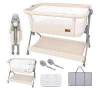 Twinly Comfortly - Cuna Colecho Bebé y Moisés 2 en 1 con Ruedas | Minicuna de Viaje Plegable, Sin Montaje, Altura Ajustable y Función Antireflujo | Incluye Colchón, Sábana Algodón y Bolsa (Beige)