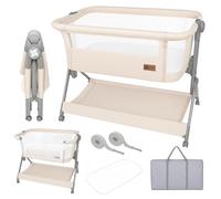 Twinly - Minicuna Colecho Bebé Comfortly con Ruedas | Plegado Rápido, Altura Ajustable 5 Niveles, Cuna Viaje Transpirable 0+ Meses hasta 9 kg, Bolsa Transporte, Colchón - Sin Montaje (Beige)