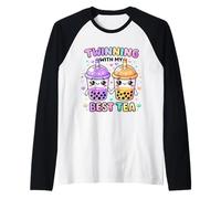 Twinning with My Best Tea Lindo Kawaii Boba Bebida para Amigos Camiseta Manga Raglan