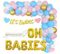 Twins Baby Shower Decoraciones It's Twins Glitter Paper Banner Rosa y Azul Globo Garland Kit Oh Babies Foil Balloon Mummy to Be Sash para Twin Género Reveal Suministros de fiesta