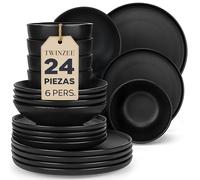 Twinzee Vajillas Completas 6 Personas, 24 Piezas - Aptos para Microondas - Vajilla Negra Mate - Set de Platos Elegante y Funcional - Colección Ebony