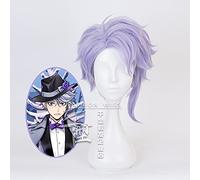 Twisted Wonderland Cosplay peluca hombres corto púrpura claro resistente pelo sintético anime juego de rol pelucas cuernos Cosplay
