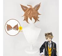 Twisted Wonderland Ruggie Bucchi Cosplay Brown Short Wig with Ears + Wig Cap Synthetic Hair Halloween Party Props Men Women