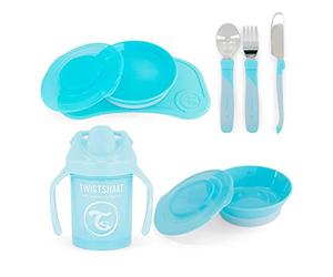 Twistshake All-In-Need Mealtime Kit de Vajilla, 7 st - 1x Mantel Individual Placa, 1x Plato, 1x Cuenco, 3x Cubiertos de Acero Inoxidable, 1x Mini Cup, 6+ Meses, Chico, 1012.8 grams