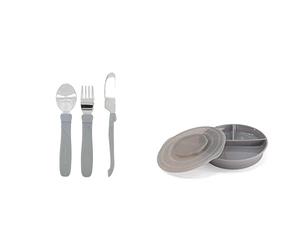 Twistshake Juego de Cubiertos de Aprendizaje para Beb a Partir de 12 Meses, Gris Pastel & Twistshake Plato Dividido con tapa PP y fondo de silicona, Alimentación para Beb, Gris Pastel