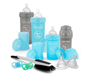 Twistshake Newborn Starter Kit de Biberones, 9 st- 4x Bebés Biberón Anti-Cólicos, 2x Chupetes, 2x Tetinas Grande, 1x Cepillo de Limpieza, 0+ Meses, Chico, 78960, 1