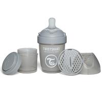 Twistshake Pro Double Biberón Anticólicos con Recipiente para Leche en Polvo - 180 ml | Pezón de Silicona de Flujo Lento con Forma de Seno | Sin BPA | Adecuado para Bebés Recién Nacidos (0+) | Gris