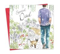 Twizler Tarjeta de felicitación de cumpleaños para Dad con plata y verde decoración y efecto de acuarela único, diseño de gato y jardín - Tarjeta de cumpleaños para él