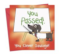 Twizler Tarjeta de felicitación de examen divertido perro de salchicha inteligente - Tarjeta divertida que pasó