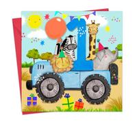 Twizler Tarjeta de primer cumpleaños para niños - Tarjeta de feliz cumpleaños para niños de 1 año - Animales de camión de safari azul