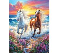 Two Chevaux au Galop au Coucher de Soleil Sur l'océan Puzzle 1000 Piezas Cartón Grueso para Principiantes Mitos Animal Planta Agilidad Mental Vacaciones Verano Garantía Reposición Piezas Regalo Ideal