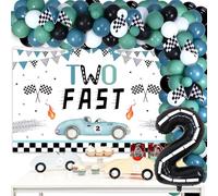 Two Fast Birthday Decorations Boy Vintage - Kit de Guirnalda de Globos con Telón de Fondo, Globos de Foil a Cuadros, Retro Let's Go Racing 2nd Birthday Party Supplies