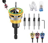 Two-Flute Counterbore with Adjustable Depth Stop, 4PCS Four-Flute Tapered Drill Bits and Adjustable Depth Stop Collar, for Woodworking, Cabinetry, Countersink Drill Bit Set (Yellow)