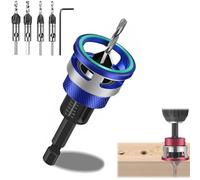 Two-Flute Counterbore with Adjustable Depth Stop, Countersink Drill Bit Set, 4pcs Drill Bits and Adjustable Depth Stop Collar with 1/4" Hex Shank (Blue)