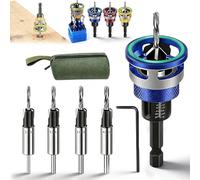 Two-Flute Counterbore with Adjustable Depth Stop, Countersink Drill Bit Set with Depth Stop 4PCS, Four-Flute HSS M2 Tapered Drill Bits and Adjustable Depths Stops Collar, for Woodworking (Blue)