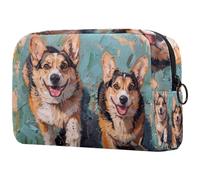 Two Happy Corgi Dogs - Bolsa de cosméticos para mujer, neceser de viaje, bolsa organizadora de maquillaje grande con cremallera, multicolor, 18.5x7.5x13cm/7.3x3x5.1in, Neceser