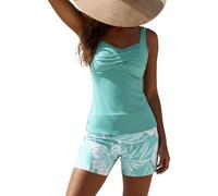 Two-Piece Body-Covering Printed Boxer Swimsuit,Women's Backless Vacation Swimwear,Print Swimsuits with Board Shorts