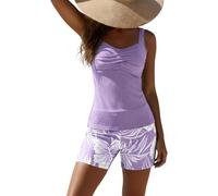 Two-Piece Body-Covering Printed Boxer Swimsuit,Women's Backless Vacation Swimwear,Print Swimsuits with Board Shorts