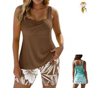 Two-Piece Body-Covering Printed Boxer Swimsuit,Women's Tankini Bathing Suit,Backless Shirred Slim Fit Body Bikini Swimwear (FR/ES, Letras, M, Regular, Regular, Brown)