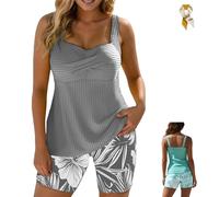 Two-Piece Body-Covering Printed Boxer Swimsuit,Women's Tankini Bathing Suit,Backless Shirred Slim Fit Body Bikini Swimwear (FR/ES, Letras, XXL, Regular, Regular, Gray)