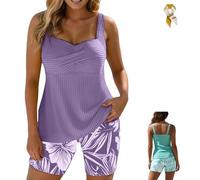 Two-Piece Body-Covering Printed Boxer Swimsuit,Women's Tankini Bathing Suit,Backless Shirred Slim Fit Body Bikini Swimwear (FR/ES, Letras, XXL, Regular, Regular, Purple)