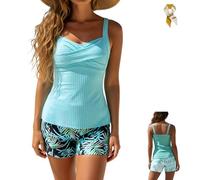 Two-Piece Body-Covering Printed Boxer Swimsuit,Women's Tankini Bathing Suit,Backless Shirred Slim Fit Body Bikini Swimwear (FR/ES, Letras, S, Regular, Regular, Blue)