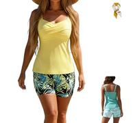 Two-Piece Body-Covering Printed Boxer Swimsuit,Women's Tankini Bathing Suit,Backless Shirred Slim Fit Body Bikini Swimwear (FR/ES, Letras, XL, Regular, Regular, Yellow)