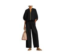 Two Piece Pants Set for Women Loose Zip Top Drawstring Waist Wide Leg Pants (Black,XXL)