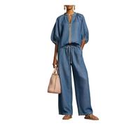 Two Piece Pants Set for Women Loose Zip Top Drawstring Waist Wide Leg Pants (Dark Blue,XXL)
