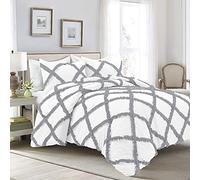 Two-Tone Diamond Ruffle Duvet/Quilt Cover 5 PCS Set with Hidden Zipper (1 Duvet Cover and 4 Pillow Cover) 600 Thread Count 100% Cotton - White/Light Grey Solid UK King Size