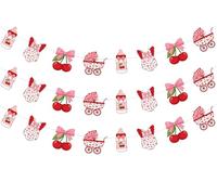 TWO WILD Guirnalda de cerezas para baby shower, 3 piezas de pancartas de frutas con lazo de cereza rosa para niña, baby shower, revelación de género, fiesta, decoración de pared para mesa de postre