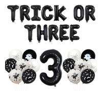 TWO WILD Juego de 3 globos de látex para decoración de cumpleaños número 3 de Halloween, para niños y niñas de 3 años, incluye globos de aluminio, fantasma, telaraña, murciélago, globos de látex