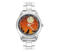 Two Wolves Howls at The Full Moon - Reloj casual para hombre con correa de acero inoxidable y cuarzo de aleación