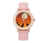 Two Wolves Howls at The Full Moon - Reloj de pulsera analógico de cuarzo para mujer con correa de piel