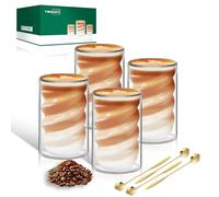 twoant Juego de Tazas Doble Pared Cristal（4 x 400ml + 4 cucharadas） vasos Cafe Cristal Borosilicato Apto para Latte Macchiato Cappuccino Zumo de Matcha