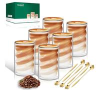 twoant Lote de 6 Juego de Vasos Cafe Cristal Borosilicato Con 6 Cucharas Tazas Doble Pared Cristal Se Puede Utilizar Para Latte Macchiato Cappuccino Moca Zumo Matcha