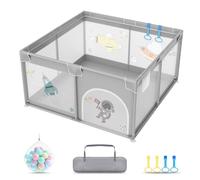 TWOLIIN Parque infantil de 127 x 127 cm, con 50 bolas de océano, 4 anillos de tracción y bolsa de transporte, plegable, con red transpirable, color gris con motivos de astronautas