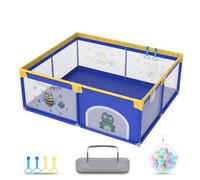 TWOLIIN Parque infantil de 150 x 180 cm, con 50 bolas de océano, 4 anillos de tracción y bolsa de transporte, plegable, con red transpirable, color azul con motivos de animales