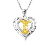 Twoowl Collar de San Miguel de plata de ley 925 con corazón y San Arcángel Miguel Arcángel Protéjanos con amuleto católico, protección religiosa, regalo para mujeres y madres, 0.94*0.98 Inch, Plata de