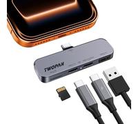 TWOPAN Hub USB C para iPhone para grabación de video ProRes - Aluminio ultra delgado USB 3.2, doble USB-C, Micro SD y puerto de carga para iPhone 15 Pro/Pro Max