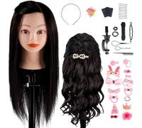 TwoWin 18 in Cabeza Peluquería, 100% Cabello Humano, 45cm Cabeza de Muñeca | Cabeza Maniquí para Trenzado, Cortes y Peinados, Cabeza para Peinar con Abrazadera y Kit de Accesorios para Trenzas (Negro)