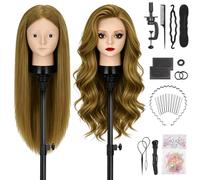 TwoWin 24 in Cabeza Peluquería, 60cm Cabeza Maniquí con 80% Cabello Humano | Cabeza para Peinar para Trenzado, Cortes y Peinados, Incluye Abrazadera de Mesa y Kit de Accesorios para Trenzas,Marrón Claro