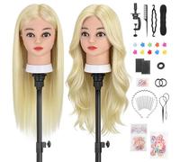 TwoWin 26 inch Cabeza Peluquería, 80% Cabello Humano, 66 cm Cabeza Maniquí | Cabeza Muñeca para Peinar para Trenzado, Cortes y Peinados, Incluye Abrazadera de Mesa y Kit de Accesorios para Trenzas,Rubia